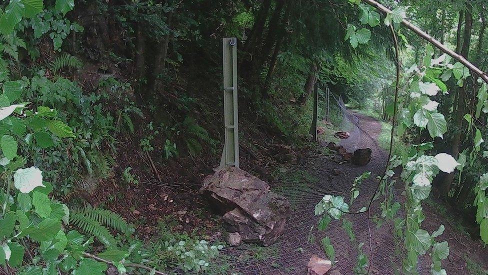 Damaged capture fence at Symonds Yat Rock