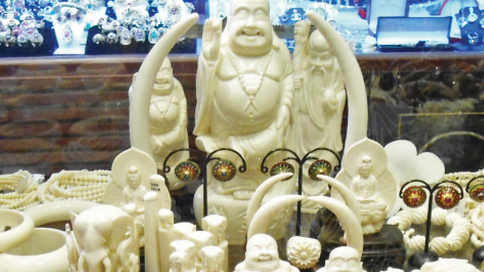 Ivory items on sale in a shop in Laos