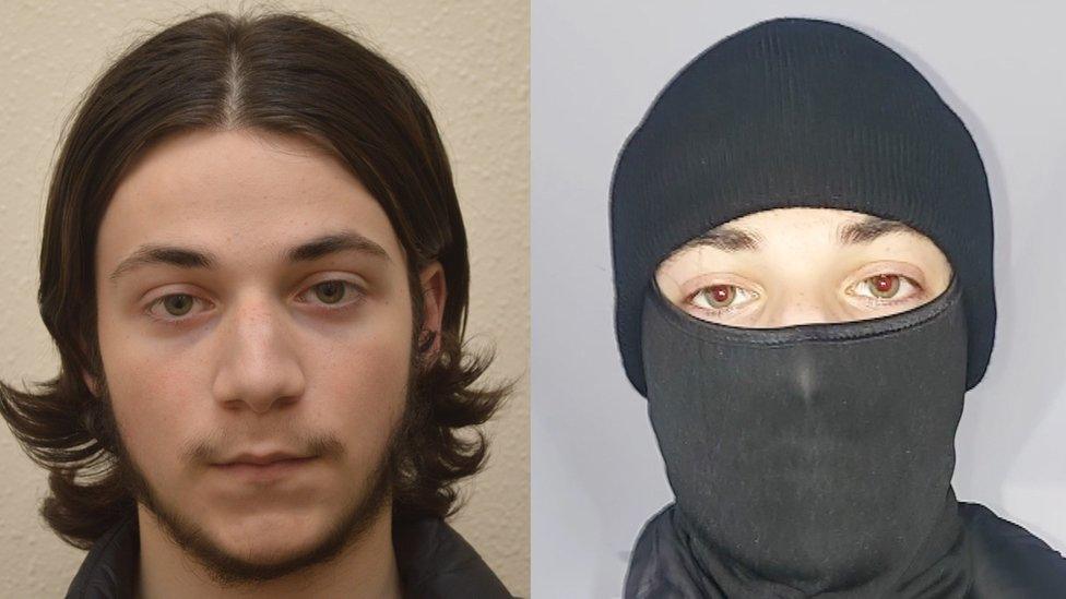 A police mugshot of Matthew King next to an image of him in a balaclava from one of this videos