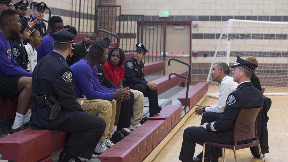 US President Barack Obama meets youth and law enforcement in Camden, New Jersey, on May 18, 2015.