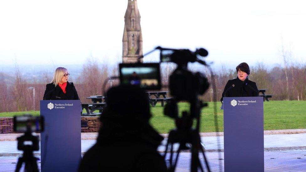 Michelle O'Neill and Arlene Foster at a press conference in Dungannon