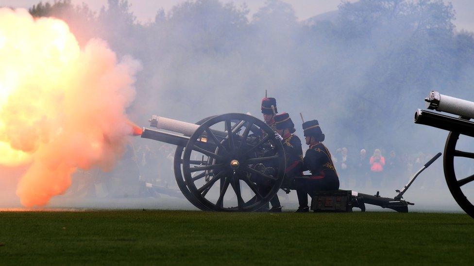 The King's Troop, Royal Horse Artillery fire a 41 gun salute from Hyde Park