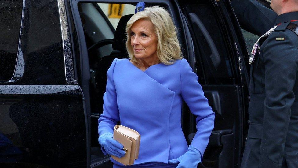 US first lady Jill Biden arrives outside Westminster Abbey ahead of King Charles' coronation ceremony, in London