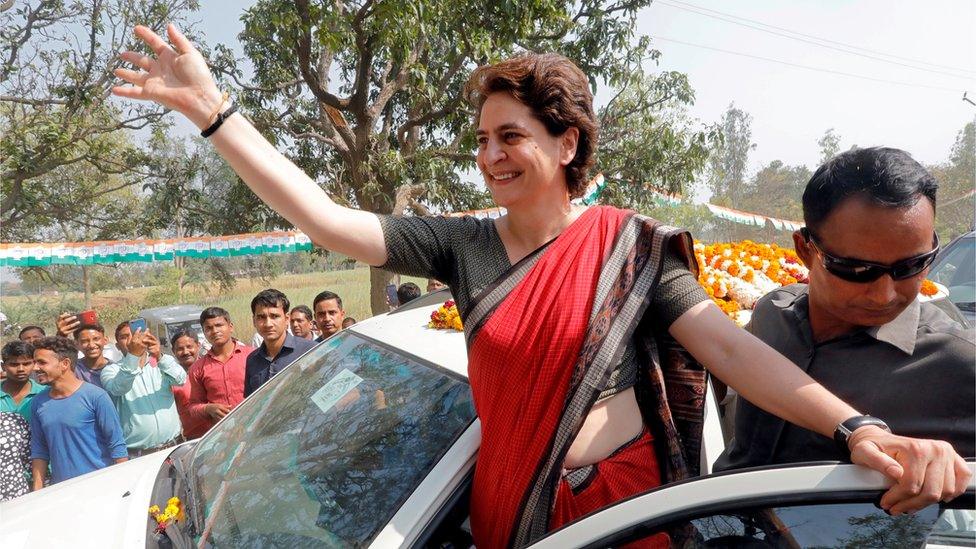 Priyanka Gandhi waving to crowds