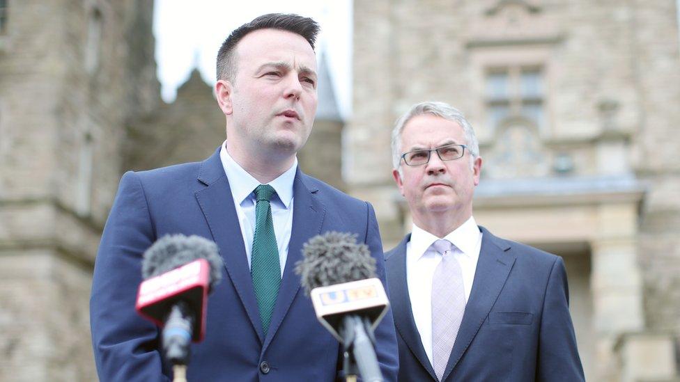 SDLP leader Colum Eastwood speaking to the press at Stormont Castle