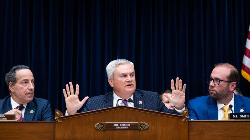 Chairman James Comer speaks as ranking member Jamie Raskin and Jason Smith, chairman of the Ways and Means Committee, look on during the House Oversight and Accountability Committee hearing titled "The Basis for an Impeachment Inquiry of President Joseph R. Biden, Jr.," in Rayburn Building on Thursday, September 28, 2023