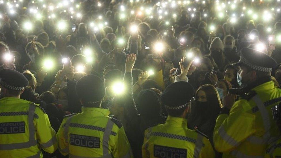 Police officers at the vigil for Sarah Everard in Clapham Common