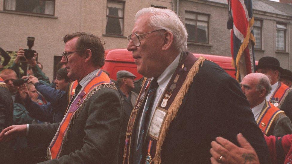 David Trimble walks with Ian Paisley along the Garvaghy Road in Portadown