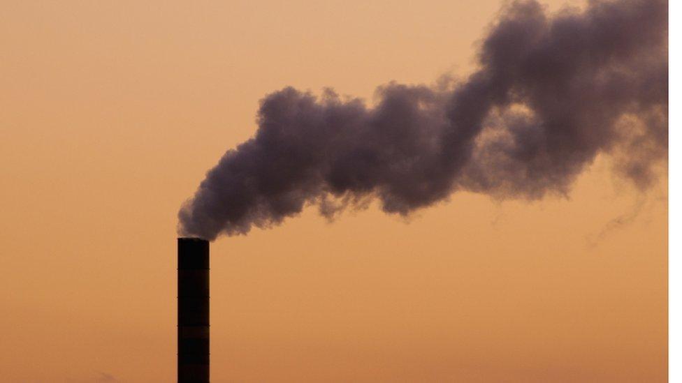 A thick plume of smoke rising from a chimney stack at a coal-fuelled power plant, Fernandina Beach, Florida, USA