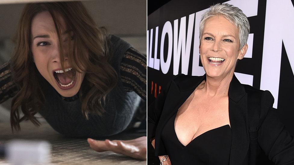 Still from Halloween and Jamie Lee Curtis at the premiere
