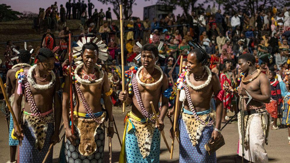 Five members of a royal regiment hold long reeds in their hands and wear traditional dress, including material resembling animal skin wrapped around their waists, at a reed dancing ceremony at the Ludzidzini Royal Residence in Eswatini - Monday 2 September 2024