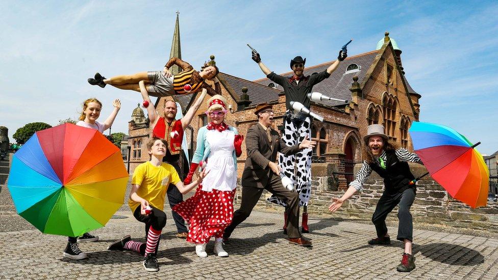 In Your Space Circus performers outside the Old Cathedral School in Derry