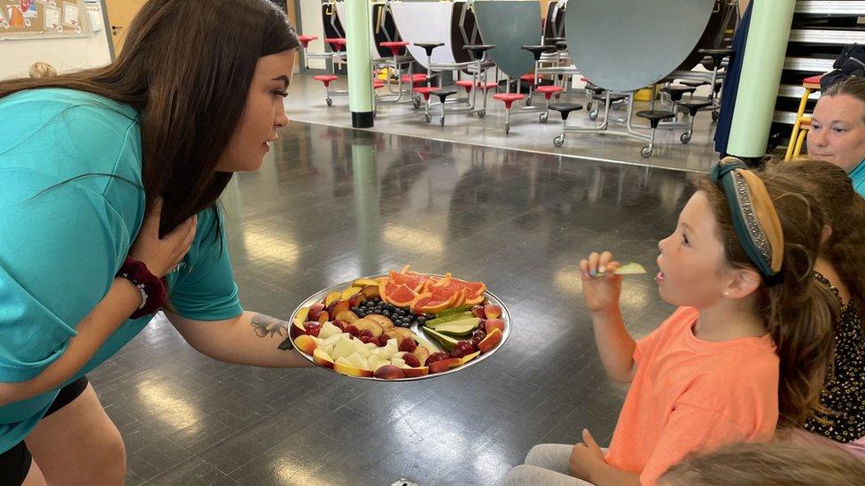 Teacher and pupil from Thornwell Primary School in Chepstow at a healthy eating session