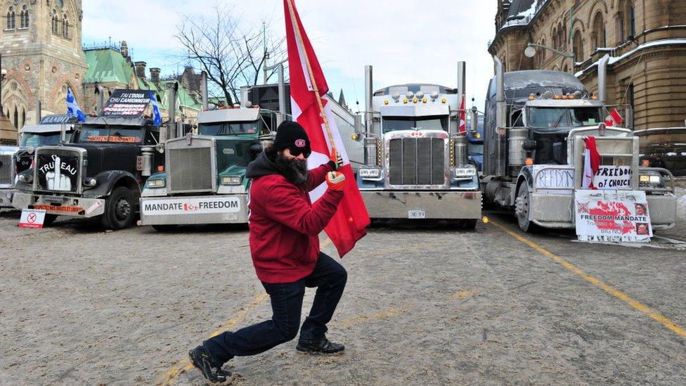 Canadian truckers protest with a convoy of big rigs against vaccine mandates and Covid-19 measures in Ottawa