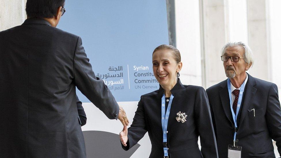 Members of Syrian civil society arrive for the first meeting of the Syrian Constitutional Committee at the UN in Geneva (30 October 2019)