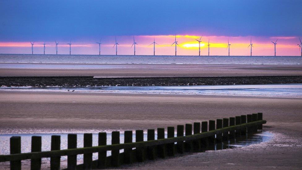 Rhyl coastline showing wind turbines