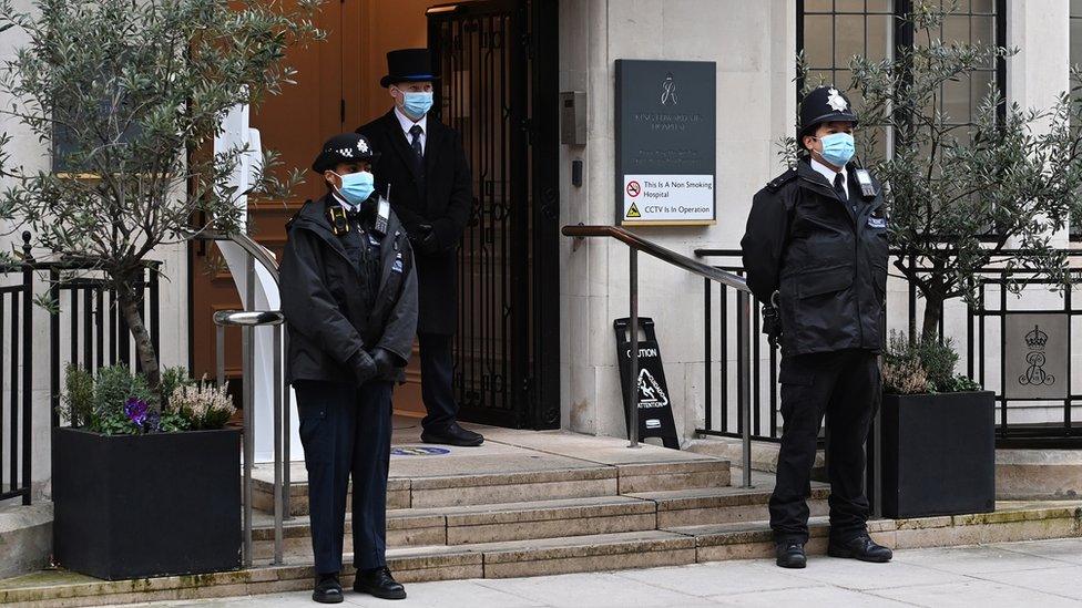 Police outside the King Edward VII hospital in London on Friday