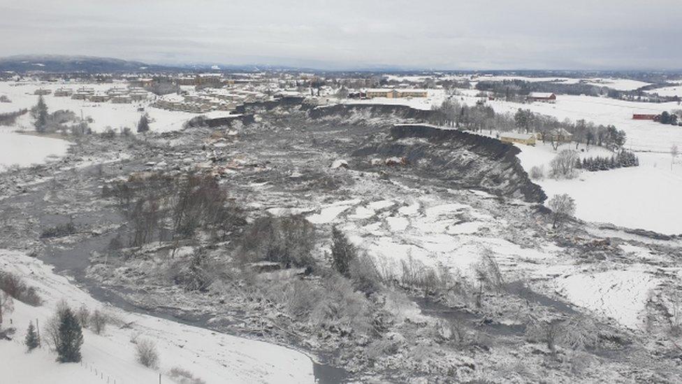 An aerial view of the landslide area in Ask, Gjerdrum municipality, Norway January 1, 2020