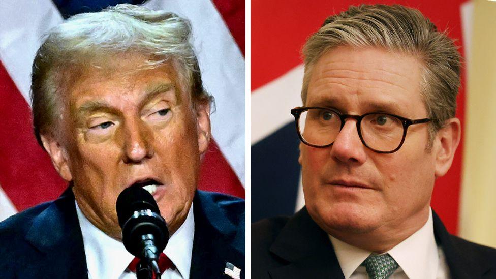 A composite image showing headshots of Donald Trump on the left and Keir Starmer on the right