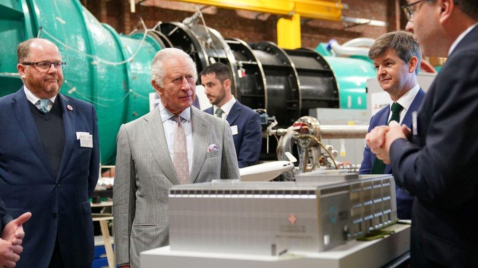 Science and technology minister George Freeman (first left) in 2023 with King Charles during a visit to the Whittle Laboratory in Cambridge