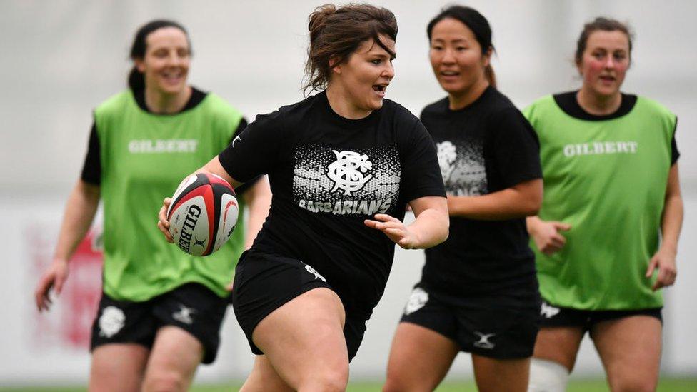 Sasha Acheson playing rugby for the Womens Barbarians