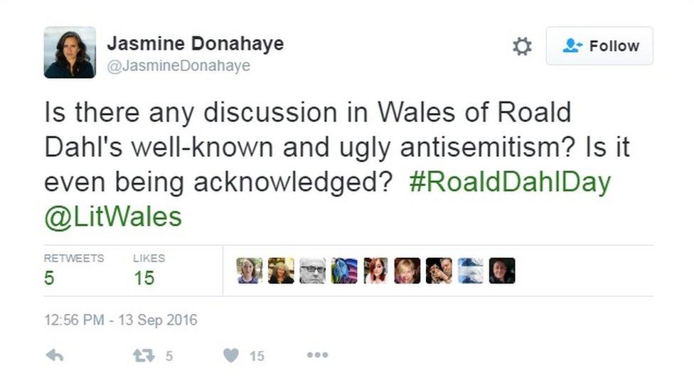 Jasmine Donahaye's tweet about Roald Dahl