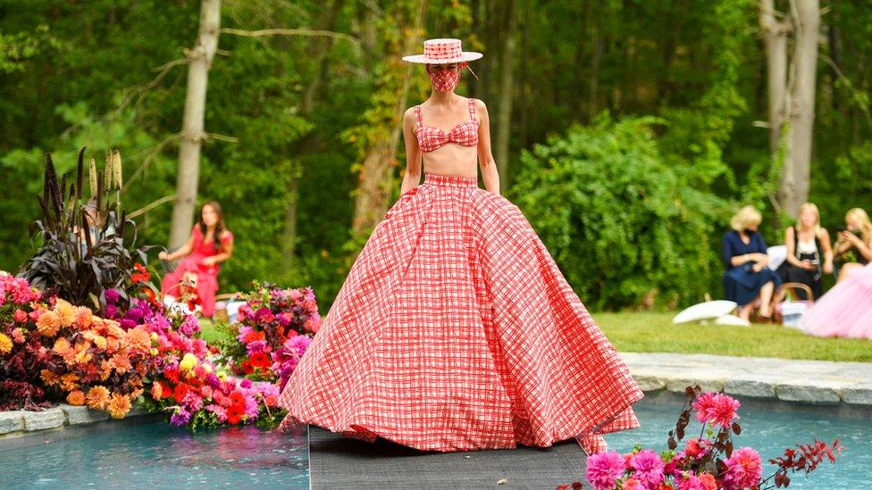 A model at the Christian Siriano fashion show in September 2020