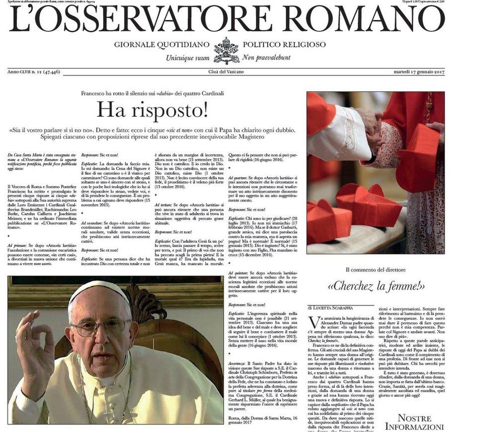 The spoof L'Osservatore Romano, a "fake" front page of the Vatican's newspaper, created to mock Francis