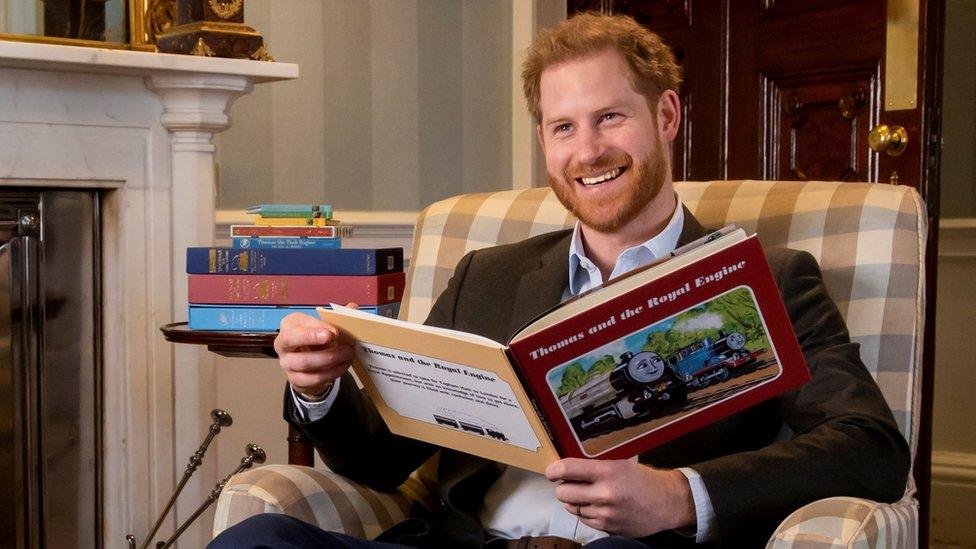 Prince Harry is pictured during the recording of his on-camera introduction to the new animated special 'Thomas & Friends: The Royal Engine'