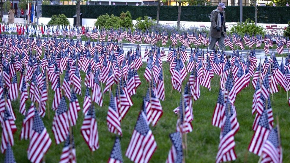 The flag garden at the Massachusetts Fallen Heroes Memorial in Boston, Massachusetts, 25 May 2020