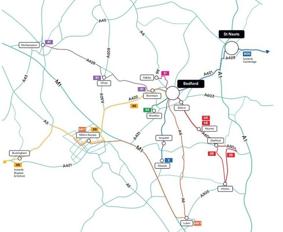 A new bus route for Bedfordshire map