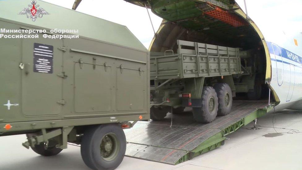 Footage supplied by the Russian defence ministry of first components of the system being delivered to Turkey