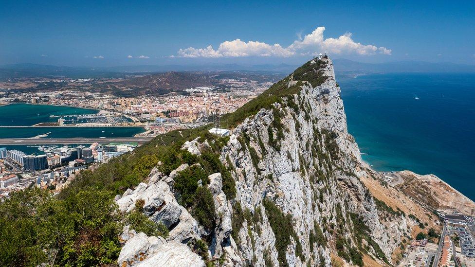 An aerial view of the Rock of Gibraltar with the city of Westside in the background