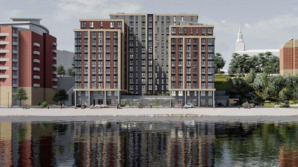 Artist impressions shows large apartment block by the river