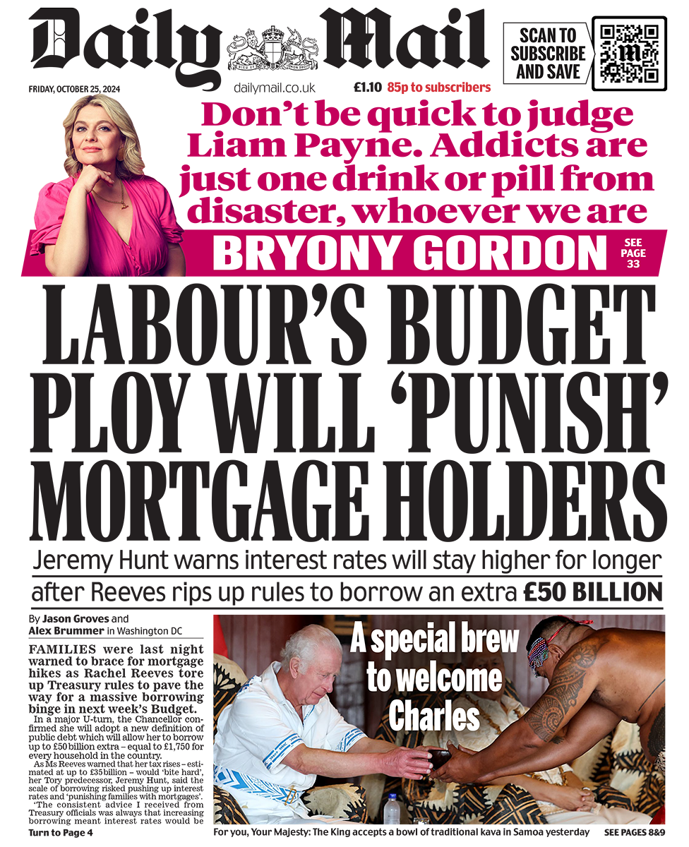 The headline in the Mail reads: "Labour's budget ploy will 'punish' mortgage holders". 