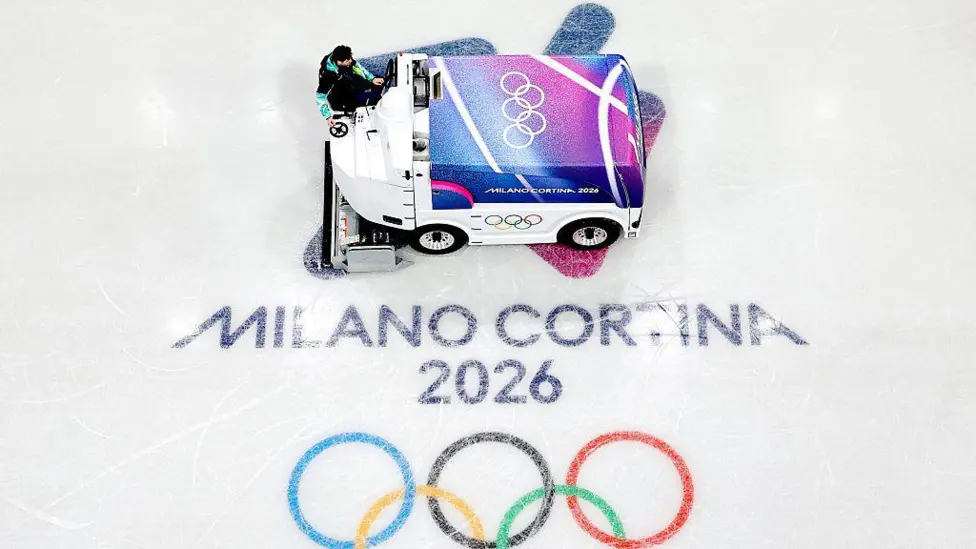 An ice resurfacing machine on the ice rink at the 2026 Winter Olympics