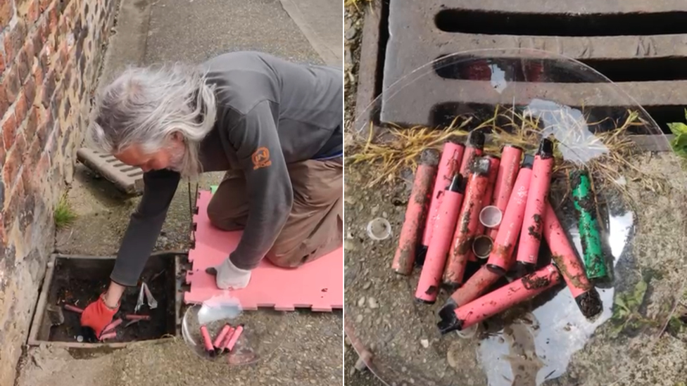 Miki Storey, a man with long grey hair, crouches on a pink foam mat next to a drain. He picks out pink vapes from an alleyway drain. A second image shows a pile of 13 vapes on a clear plate.