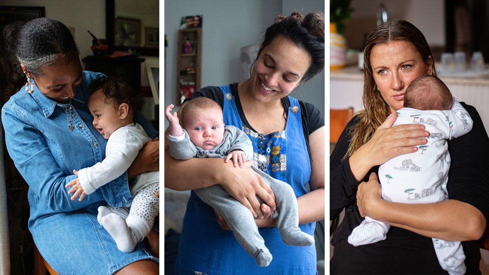 A composite showing portraits of Naomi and her son Akirou, Steph and her daughter Nora, and Tash and her son Ziggy