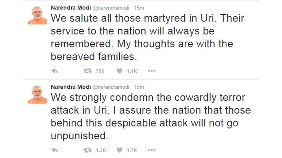 Modi tweet: "We salute all those martyred in Uri. Their service to the nation will always be remembered. My thoughts are with the bereaved families."