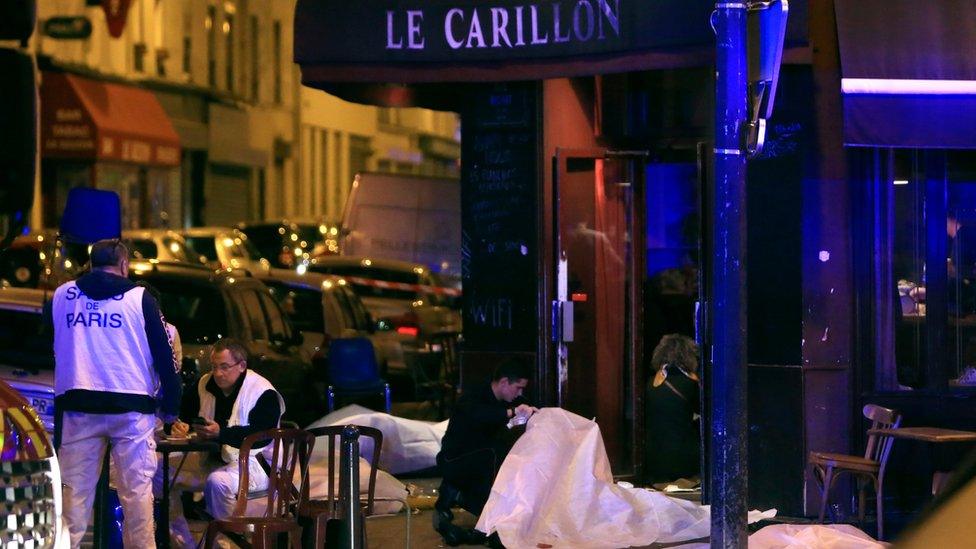 Victims on the pavement outside Paris cafe-bar, 13 Nov 2015