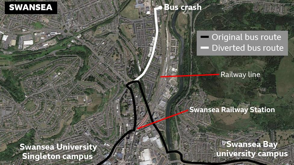 Map of bus crash and route