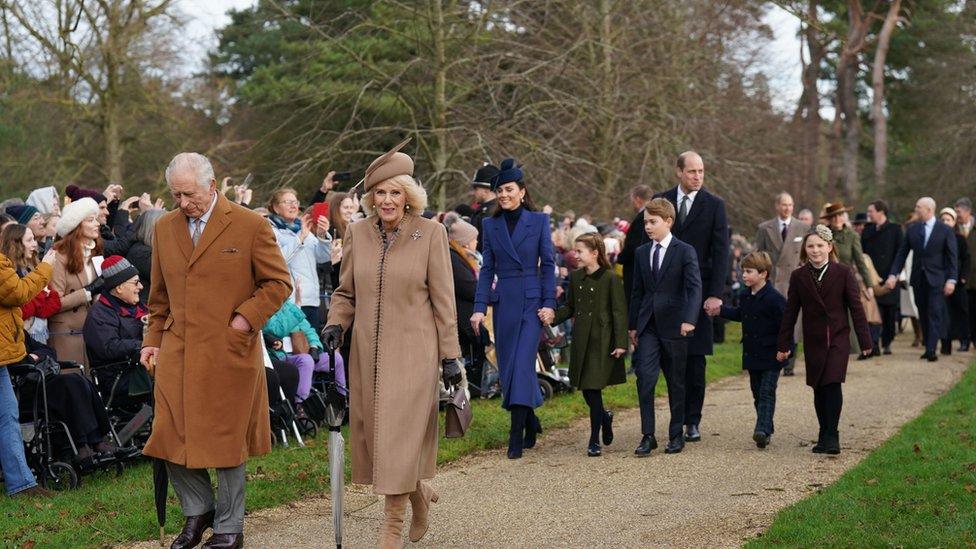 King Charles III, Queen Camilla, the Princess of Wales, Princess Charlotte, Prince George, the Prince of Wales and Prince Louis attending the Christmas Day morning church service at St Mary Magdalene Church