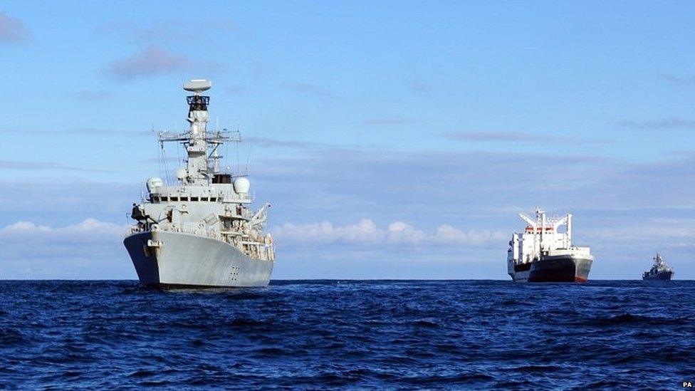 HMS Somerset (left) shadowing a Russian naval task group as it travelled through the English Channel and along the east coast of the UK.