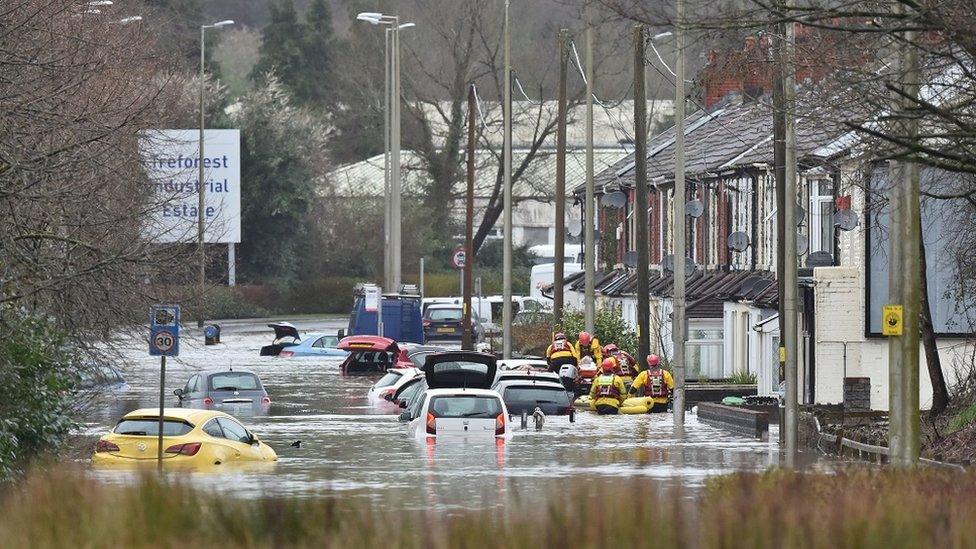 A flooded road in Nantgarw, Wales