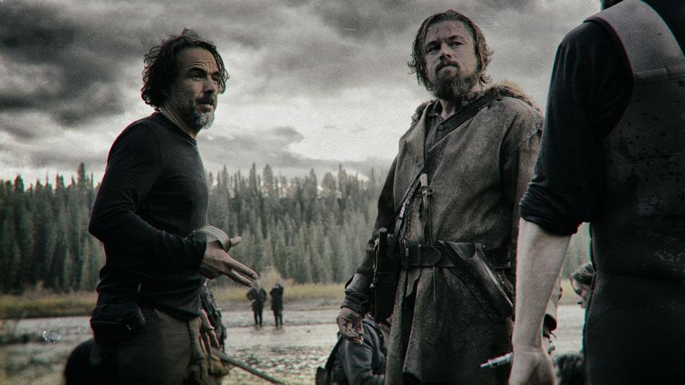 Alejandro G Inarritu with Leonardo DiCaprio on the set of The Revenant