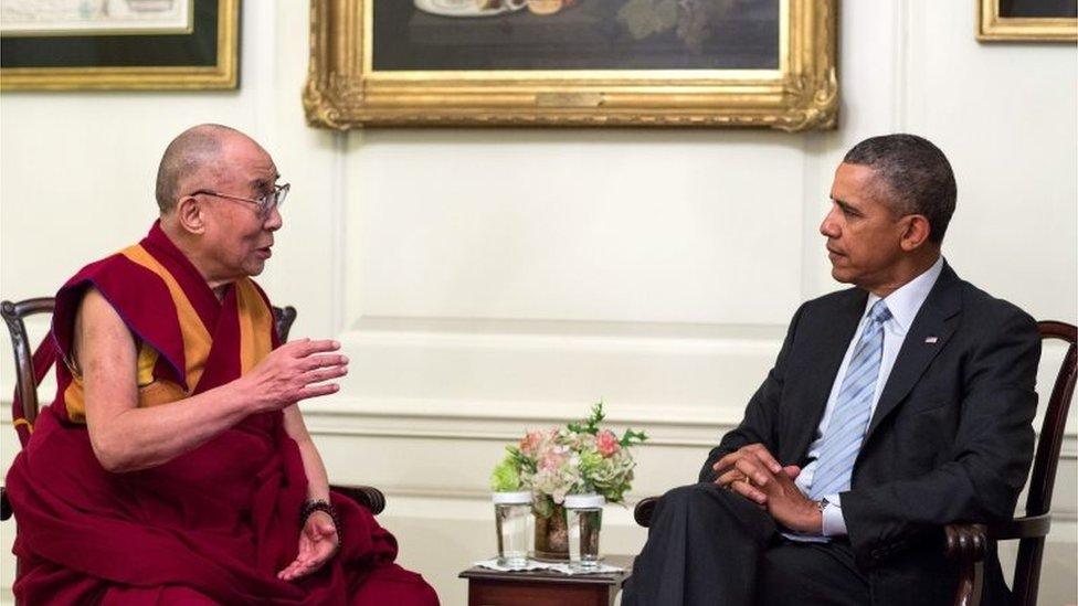 US President Barack Obama (R) meets the Dalai Lama in the Map Room of the White House, in Washington, DC, USA, 21 February 2014.