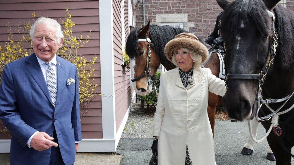 The Prince of Wales and the Duchess of Cornwall with a horse