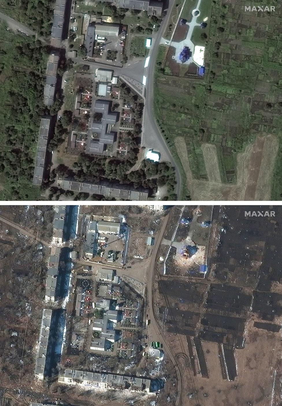 Before and after satellite images show the damage inflicted on a church in Volnovakha