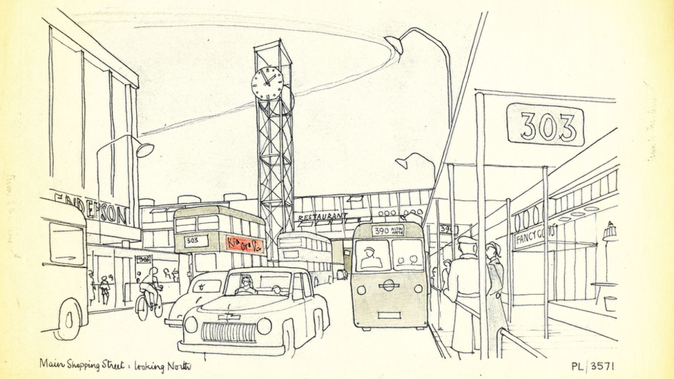 Architect's sketch of Stevenage town centre shopping precinct