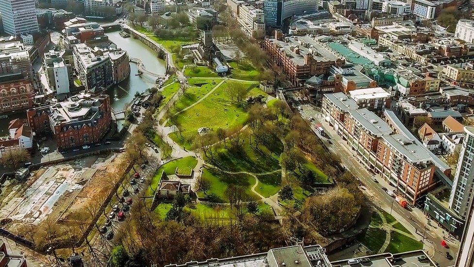 An aerial view of Castle Park in Bristol city centre